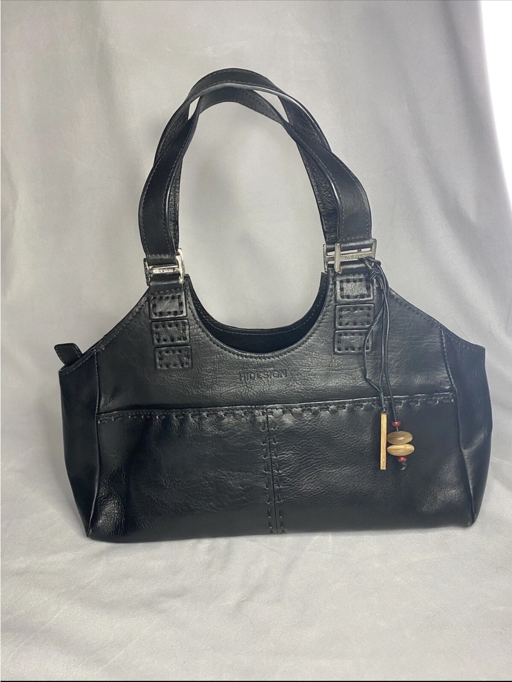 Hideson Black Leather Shoulder Bag with Bead Accent